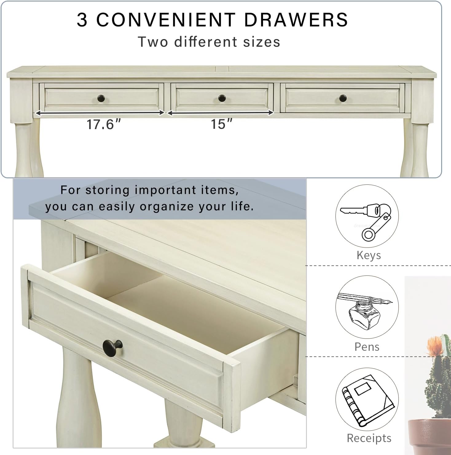 Merax LUMISOL 64 inch Long Console Sofa Table with 3 Drawers and Bottom Shelf, Hallway Table Entryway Table for Living Room, Easy Assembly (Antique White).