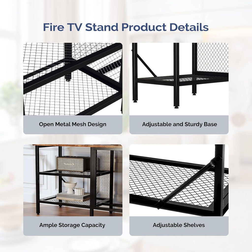 Bonnlo Industrial Fireplace TV Stand, 58' Entertainment Center with 18' Electric Fireplace Heater, TV Console with Open Metal Mesh Frame & Shelves up for 70 Inch TVs, Rustic Brown