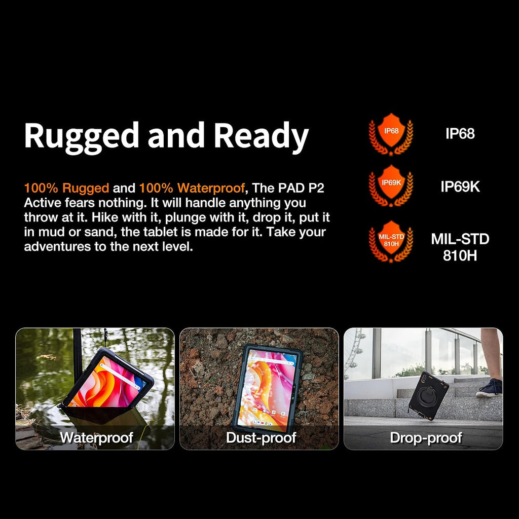 AGM PAD P2 Active Rugged Android 14 Tablet with Case, Waterproof & Drop-Proof, Widevine L1 & GMS Certified, 11' 90Hz FHD 480 NITS Display, MTK G99, 8000 mAh, 16(8+8) + 256GB[TF 2TB], GPS, Compass, OTG