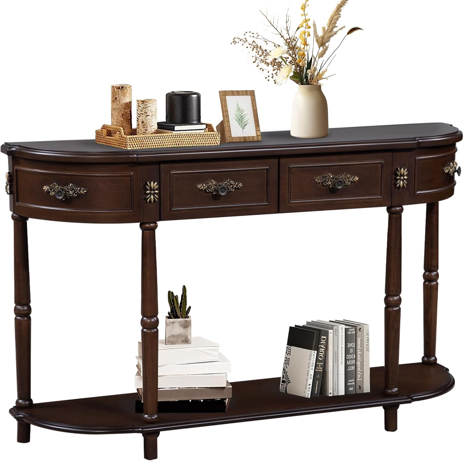 Retro Curved Console Table, 52' Half Moon Console Table Sofa Table Entryway Table with 2 Drawers 1 Open Shelf Solid Pine Legs for Living Room,Entryway,Hallway,Espresso