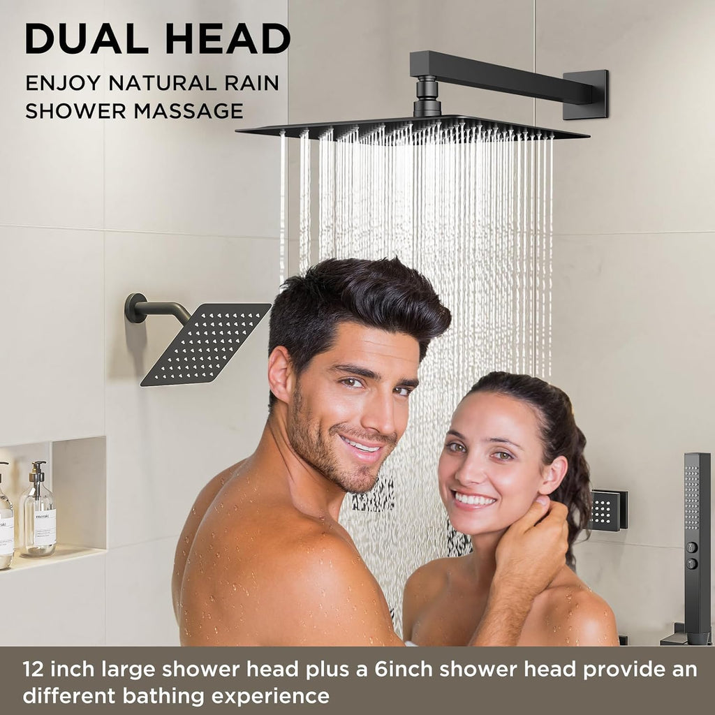 Shower Faucet Sets Matte Black Shower System,STARBATH 4 Way 12+6' Dual Head Shower Set Complete with 2 in 1 Handheld,Wall Mounted Rainfall Shower Head with 4 Body Spray Jets, Shower Jets System