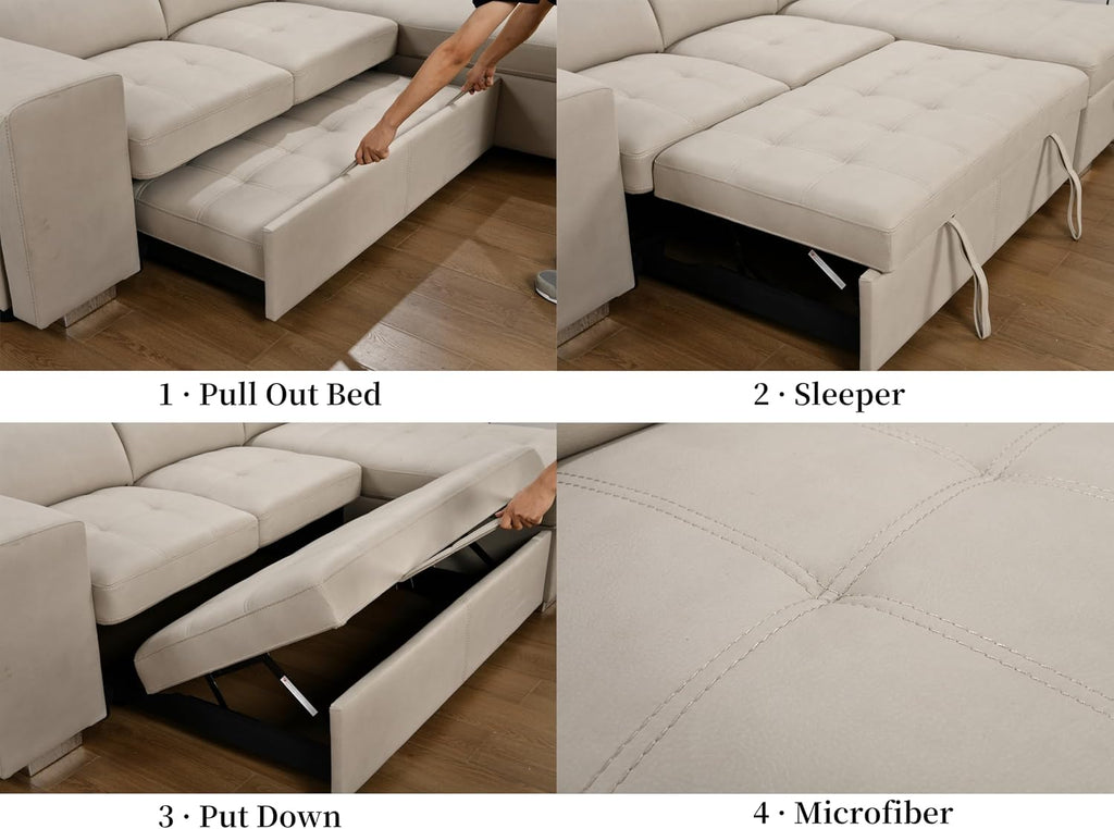 THSUPER 102'' Microfiber L Shaped Sectional Sleeper Sofa Couch with Pullout Bed and Storage Chaise, Convertible Couches with Adjustable Headrest for Living Room, Reversible Chaise. Beige