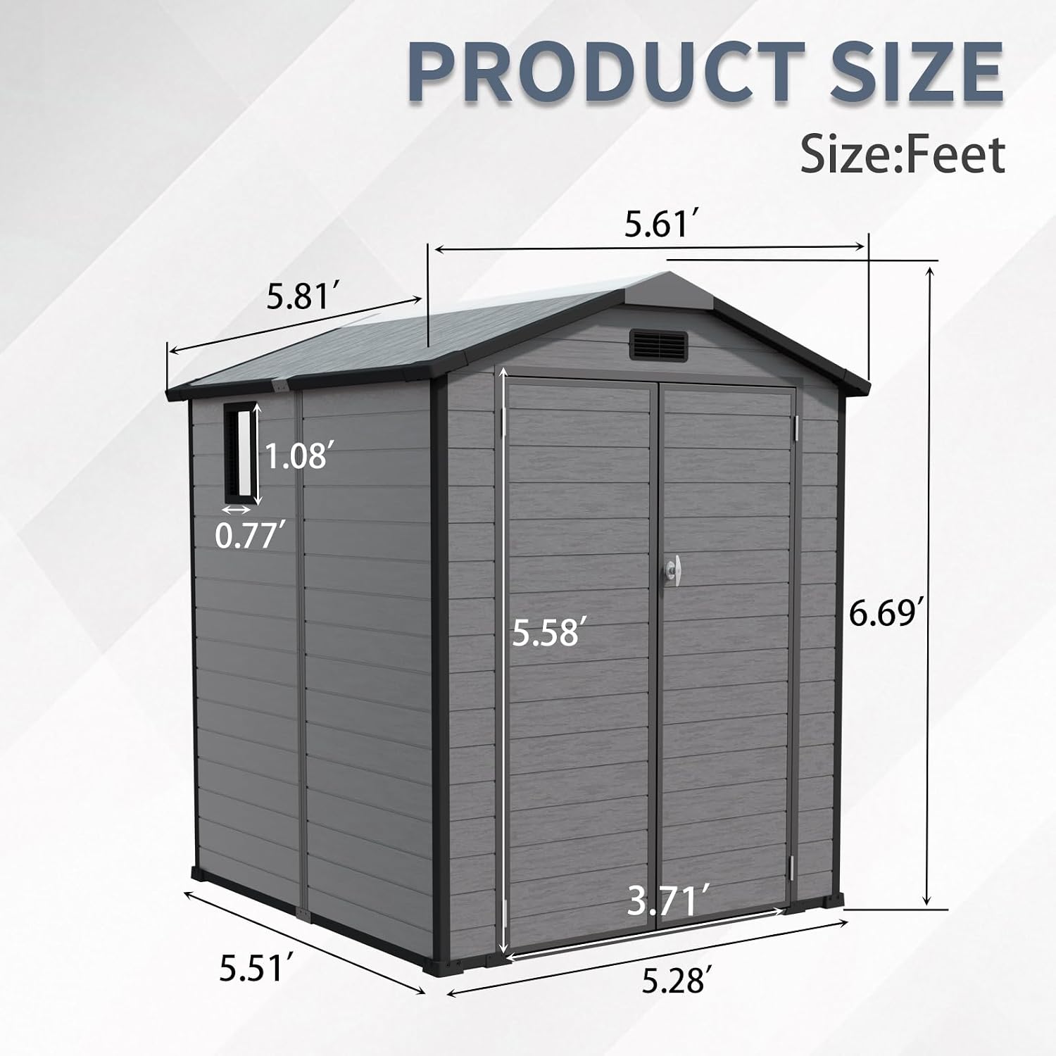 6 × 6 FT Resin Storage Shed, Lockable Plastic Shed with Transparent Top Plate, Two Windows, Floor and Vents for Lawn Mowers and Other Garden Tools Storage Dark Gray