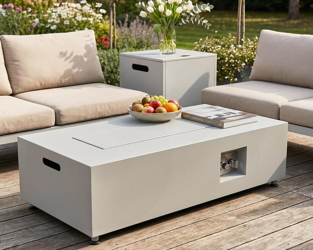 RADIATA 42' Rectangle Propane/Natural Gas Fire Pit for Outside Patio, Elegant Minimalist Lowprofile Firepit Table with Tank Table Long Large, 50000BTU Durable Sturdy Fireplace for Outside, Urban White