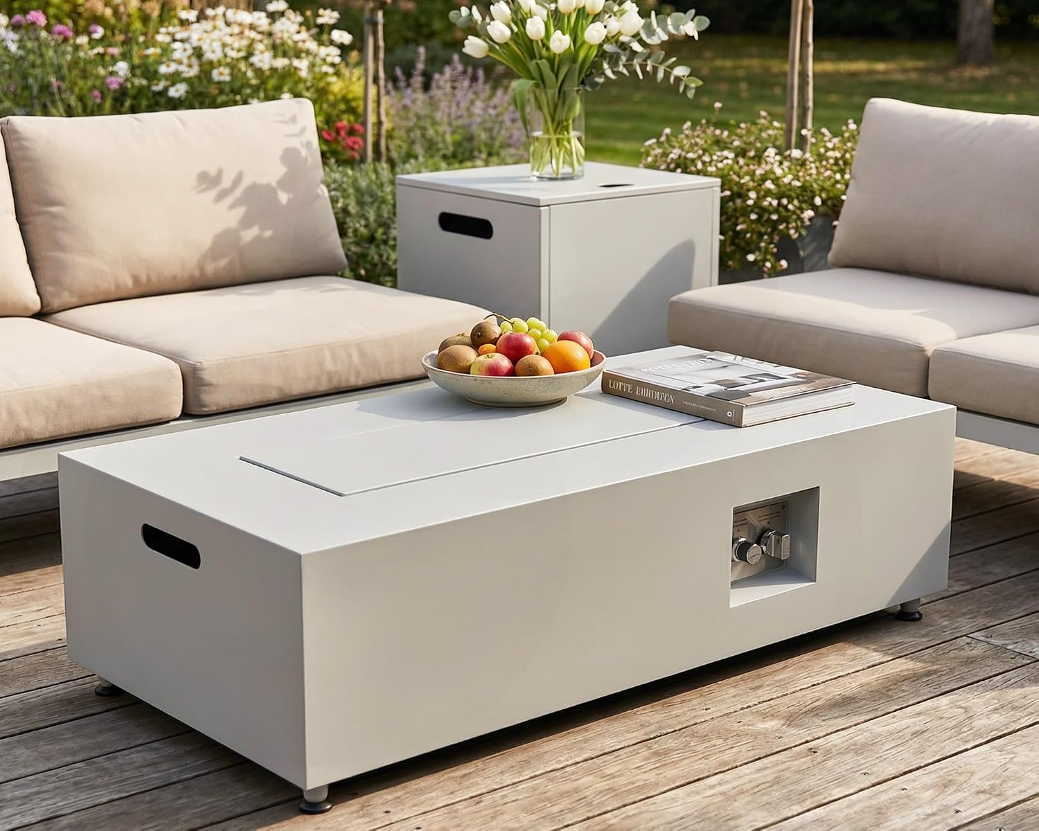 RADIATA 42' Rectangle Propane/Natural Gas Fire Pit for Outside Patio, Elegant Minimalist Lowprofile Firepit Table with Tank Table Long Large, 50000BTU Durable Sturdy Fireplace for Outside, Urban White