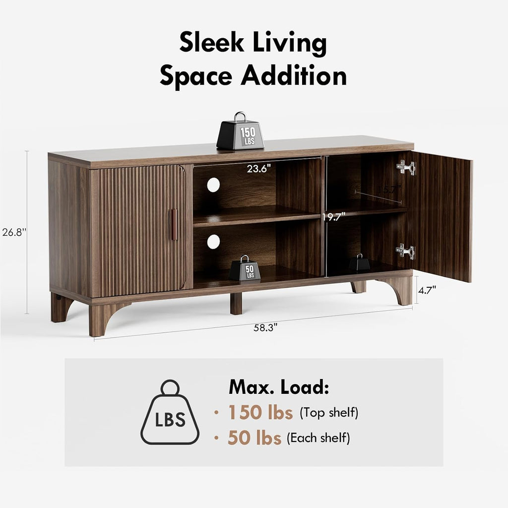 Tall Mid Century Modern TV Stands for 55/60/65 Inch TV Boho Media Console for Living Room Fluted TV Entertainment Center with Storage Wood Television Cabinet for Bedroom