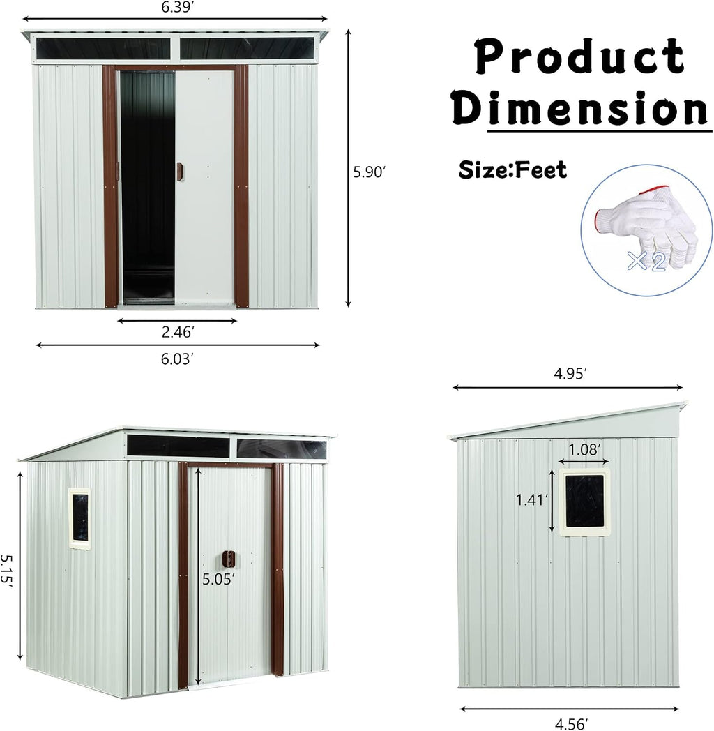 6.4 x 5ft Outdoor Storage Shed,Steel Garden Tool Shed with Floor Frame & Double Lockable Doors,Metal Outdoor Storage Clearance for Backyard Patio Lawn (White-Side Window)