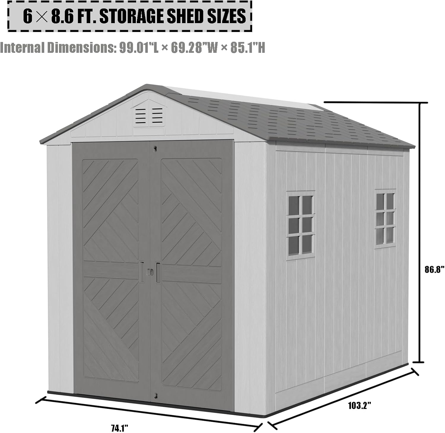 Mrosaa 6x8.6 FT Storage Shed with Floor,HDPE Resin Outdoor Storage Shed Weather Resistant,Lockable Garden Sheds with Windows for Home/Garden Tools/Backyard/Lawn Mower/Bike Storage(Gray)