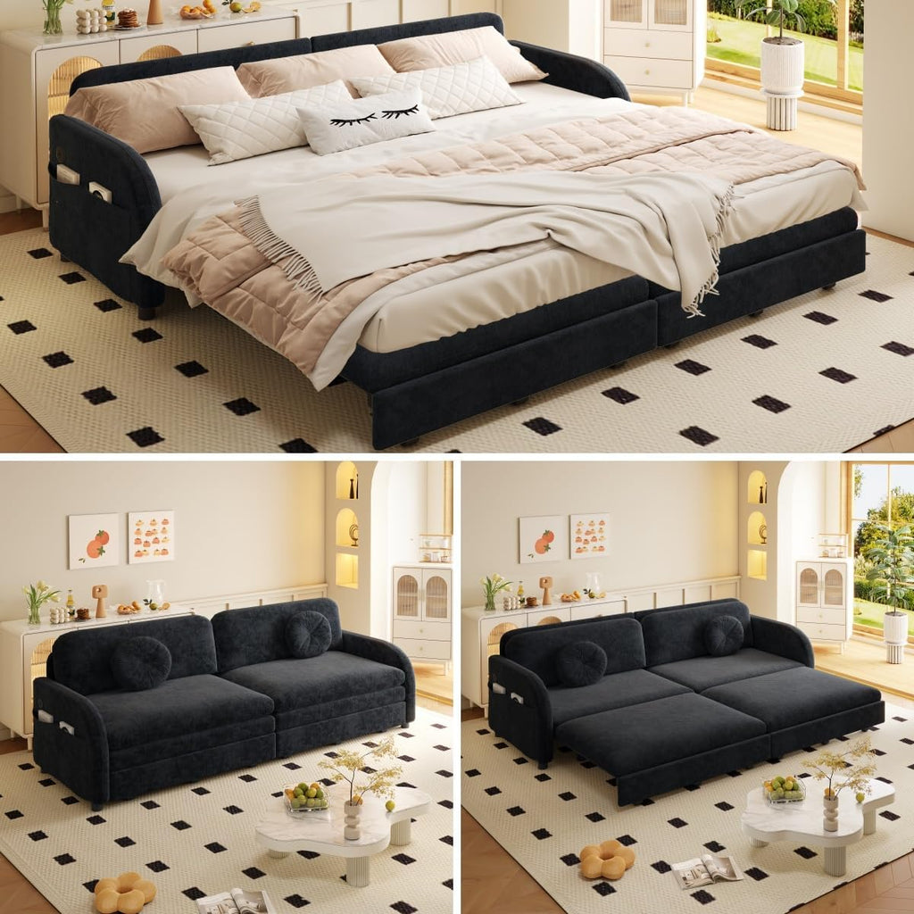 81.1'' Pull Out Couch Bed King Size, Chenille Sleeper Sofa Daybed, 3 in 1 Convertible Couches, Futon Sofa with 2 Pillows, Storage Pockets, USB, 3-Seater for Small Spaces, Living Room, Grey