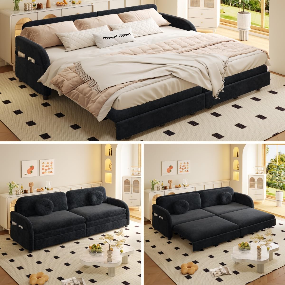 81.1'' Pull Out Couch Bed King Size, Chenille Sleeper Sofa Daybed, 3 in 1 Convertible Couches, Futon Sofa with 2 Pillows, Storage Pockets, USB, 3-Seater for Small Spaces, Living Room, Grey