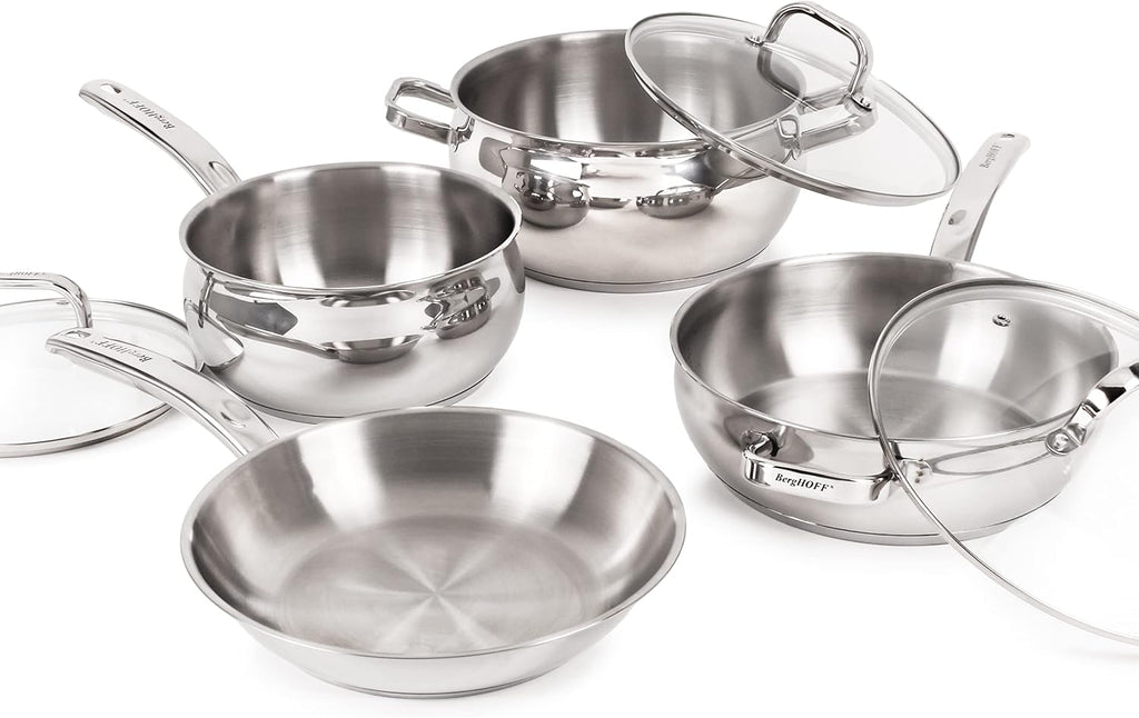 BergHOFF Belly Shape 18/10 Stainless Steel 7Pc Cookware Set, Glass Lids, Fast, Evenly Heat, Induction Cooktop Ready