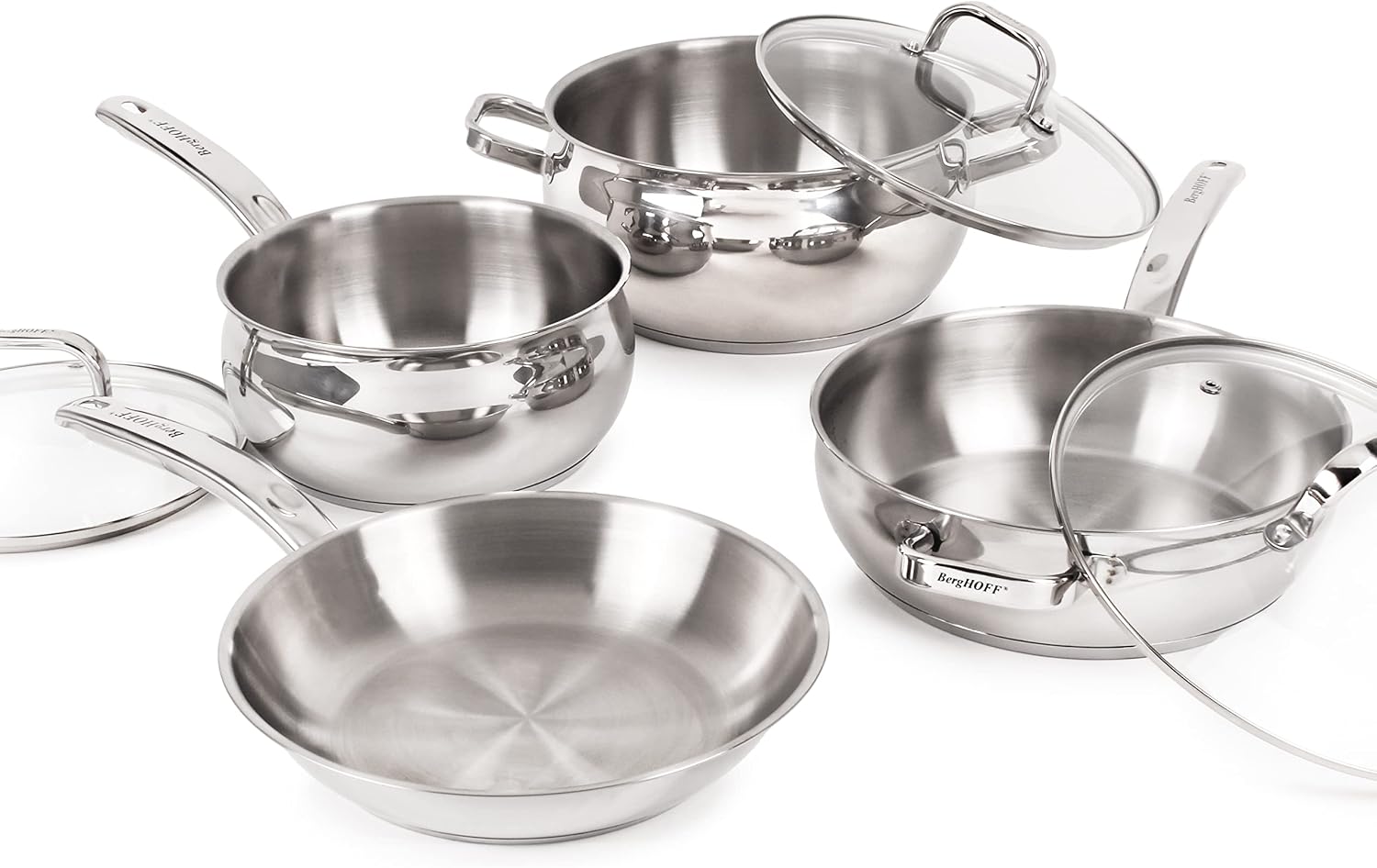 BergHOFF Belly Shape 18/10 Stainless Steel 7Pc Cookware Set, Glass Lids, Fast, Evenly Heat, Induction Cooktop Ready