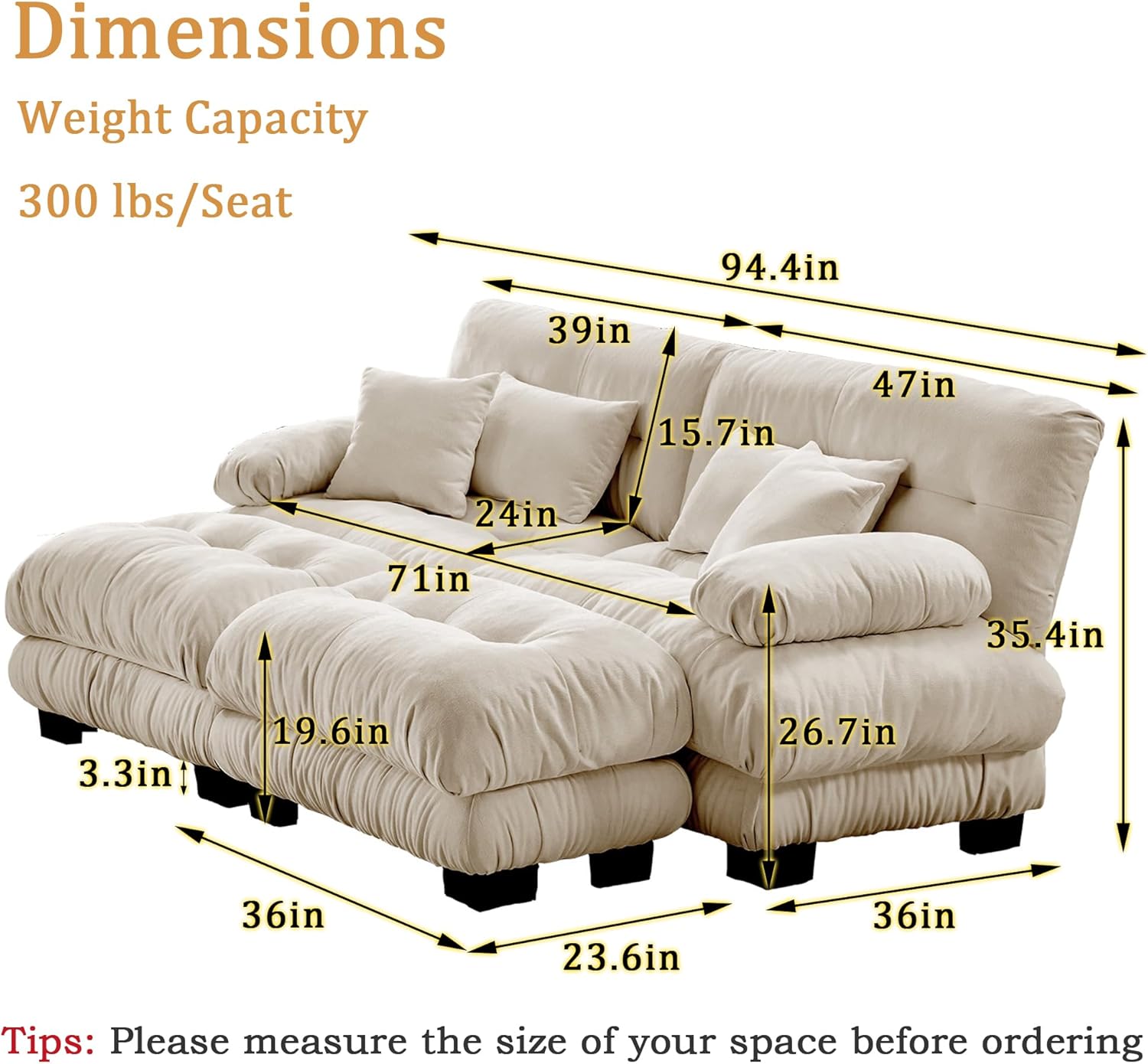 Loveseat Modular Sectional Sofa Cloud Couch, 94.4' Oversized U-Shaped Couch with Ottoman, Modern Deep Seat Sectional Couches for Living Room, Comfy Chenille Sofa Bed with Pillows, Light Coffee