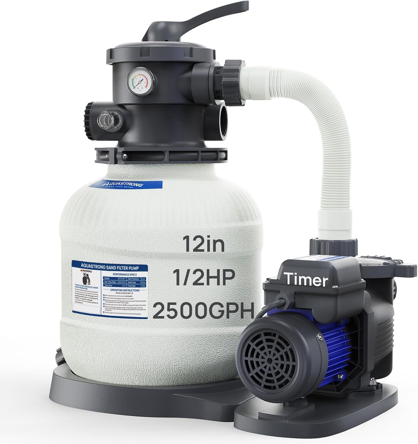 AQUASTRONG Sand Filter Pump for Above Ground Pool, Pool Pumps Above Ground with Timer, Pool Sand Filter with 6-Way Valve,Improved Circulation and Filtration,12in, up to 9000 Gallons