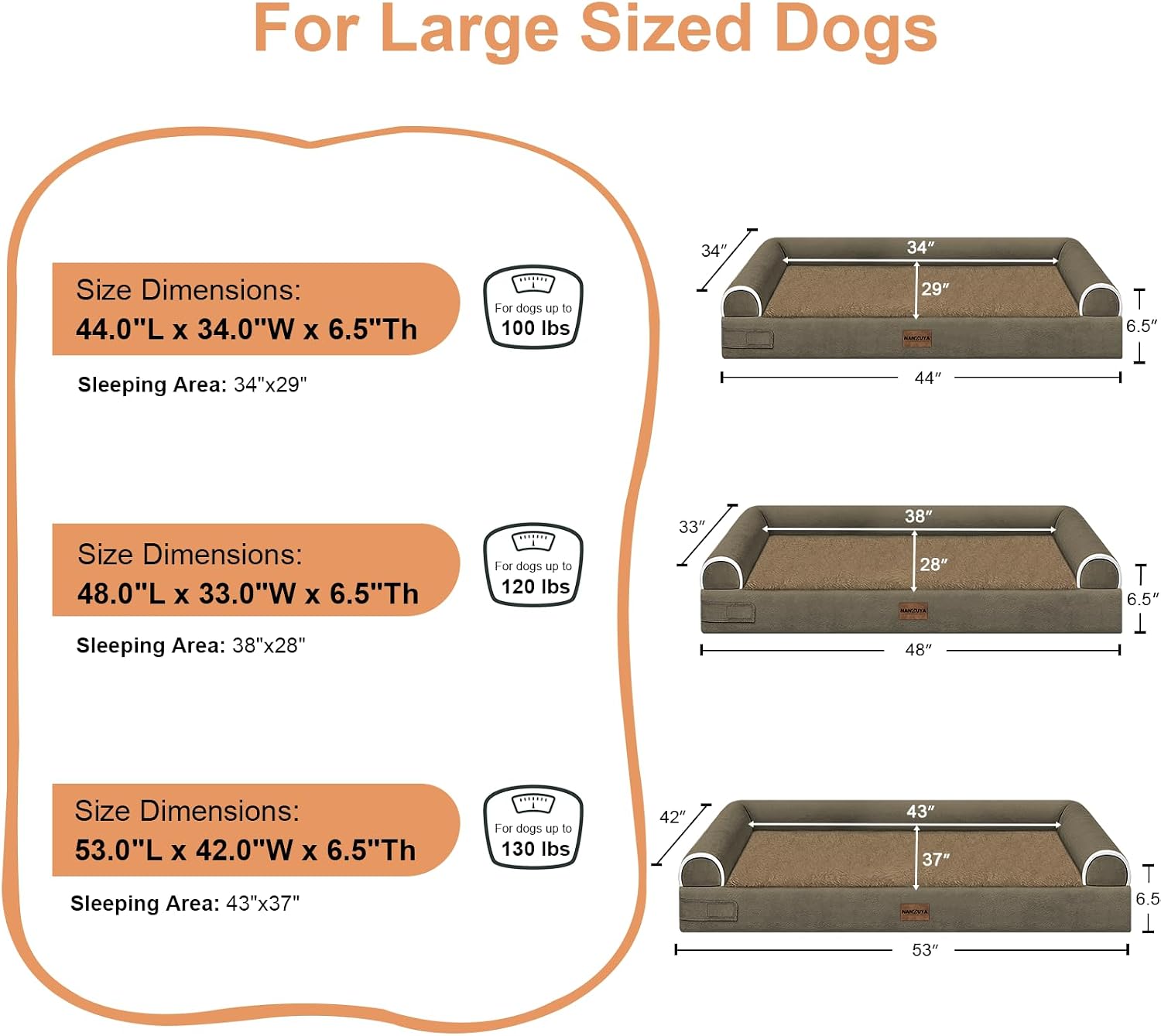 Large Dog Bed Orthopedic Washable: Jumbo Dog Bed Bolster Extra Large Dogs Egg Crate Foam Sofa Couch Waterproof Removable Cover - Brown
