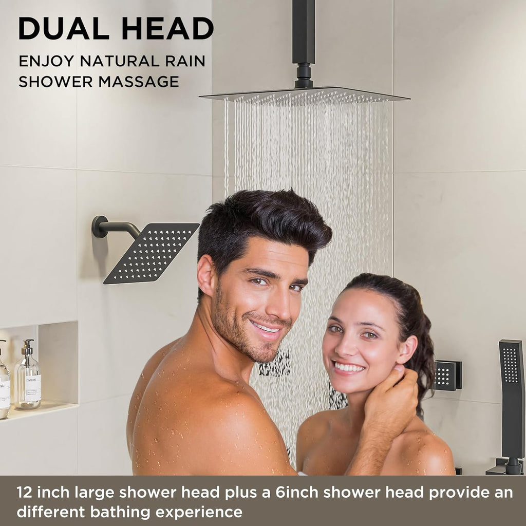 Shower Systems with Body Jets, STARBATH 4 Way 12+6' Rainfall Shower Head with Handheld Spray Combo, Ceiling Mounted Shower Jets System in Wall Shower Faucet Sets Complete, Matte Black