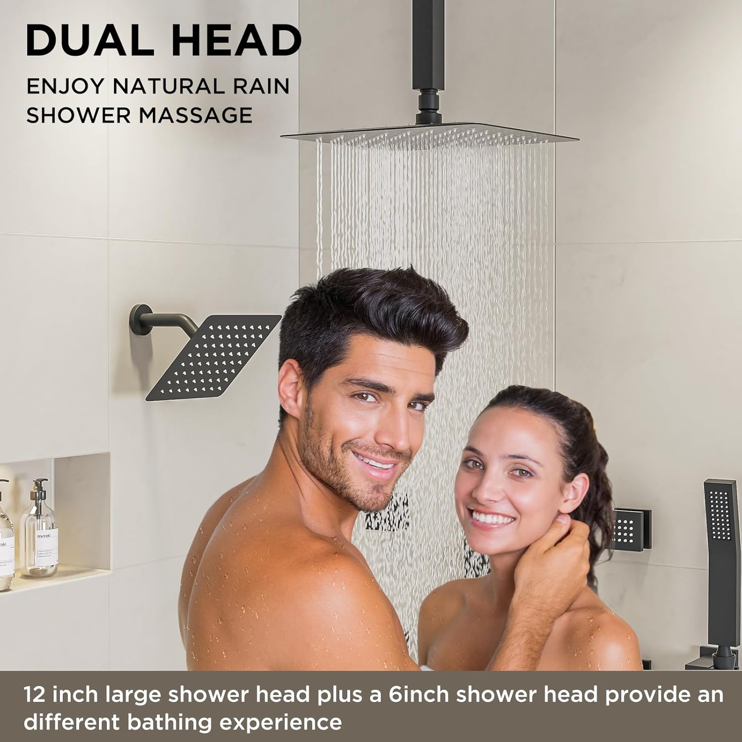 Shower Systems with Body Jets, STARBATH 4 Way 12+6' Rainfall Shower Head with Handheld Spray Combo, Ceiling Mounted Shower Jets System in Wall Shower Faucet Sets Complete, Matte Black