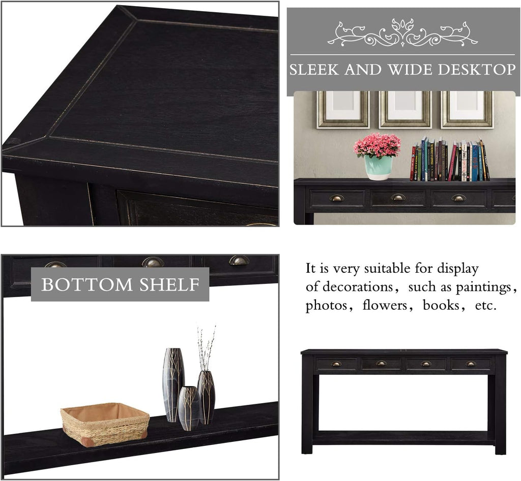 Kinfant Console Table for Entryway - 60' Long Rustic Sofa Table with 4 Drawers and Storage Shelf, Black