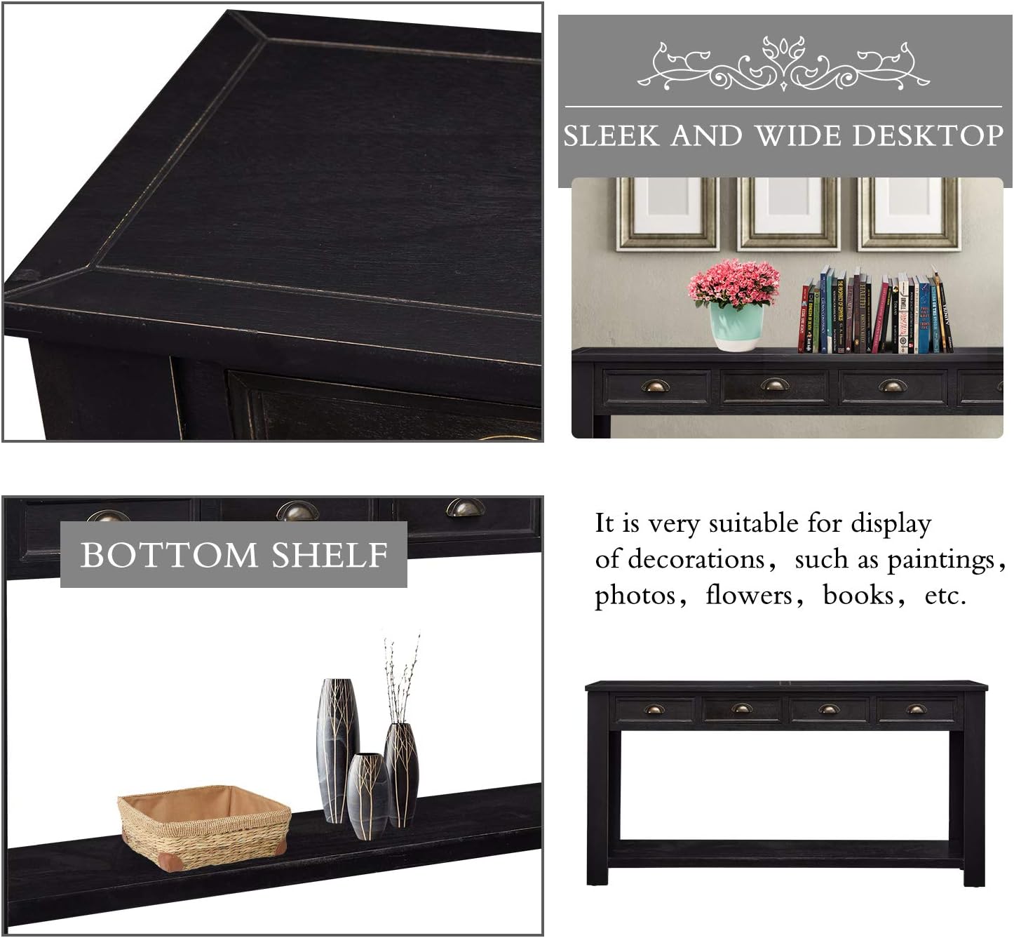 Kinfant Console Table for Entryway - 60' Long Rustic Sofa Table with 4 Drawers and Storage Shelf, Black