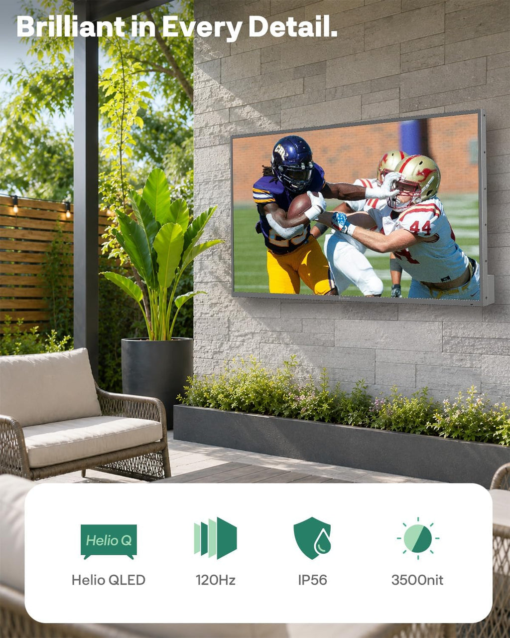 SYLVOX Outdoor TV, 65'' Helio QLED Mini LED TV 120Hz, Ultra-Bright 3500 Nits, IP56 Waterproof, Anti-Glare, Dolby Atmos Speaker 30W*2, Smart Google TV for Poolside or Full Sun Area (Cinema Pro Series)