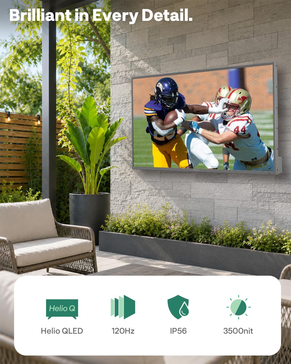 SYLVOX Outdoor TV, 65'' Helio QLED Mini LED TV 120Hz, Ultra-Bright 3500 Nits, IP56 Waterproof, Anti-Glare, Dolby Atmos Speaker 30W*2, Smart Google TV for Poolside or Full Sun Area (Cinema Pro Series)