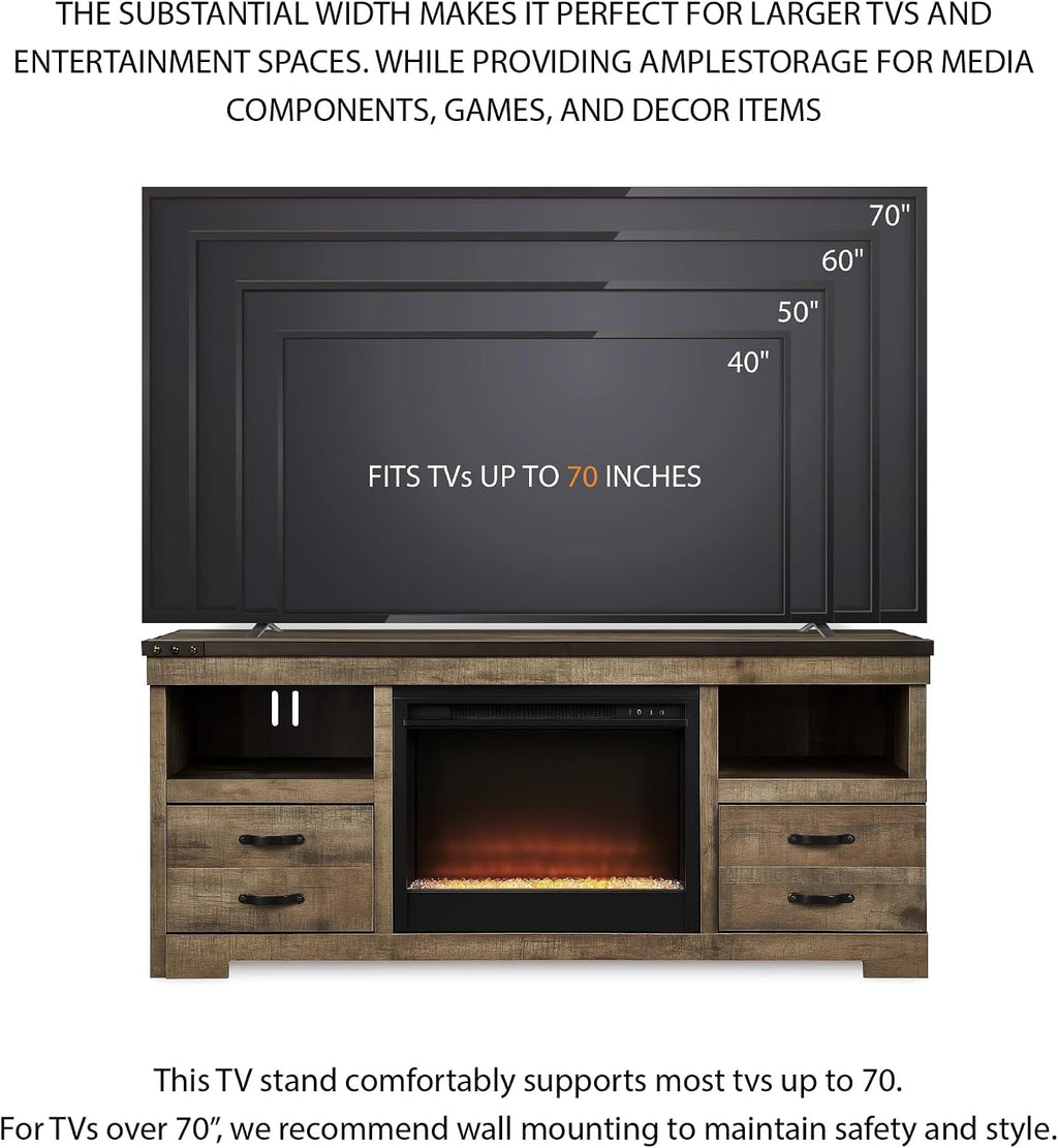 Signature Design by Ashley Trinell 63' TV Stand with Electric Fireplace, Rustic Wood Look Media Console with LED Flame Insert, Storage Drawers and Remote‑Controlled Heat for Warmth