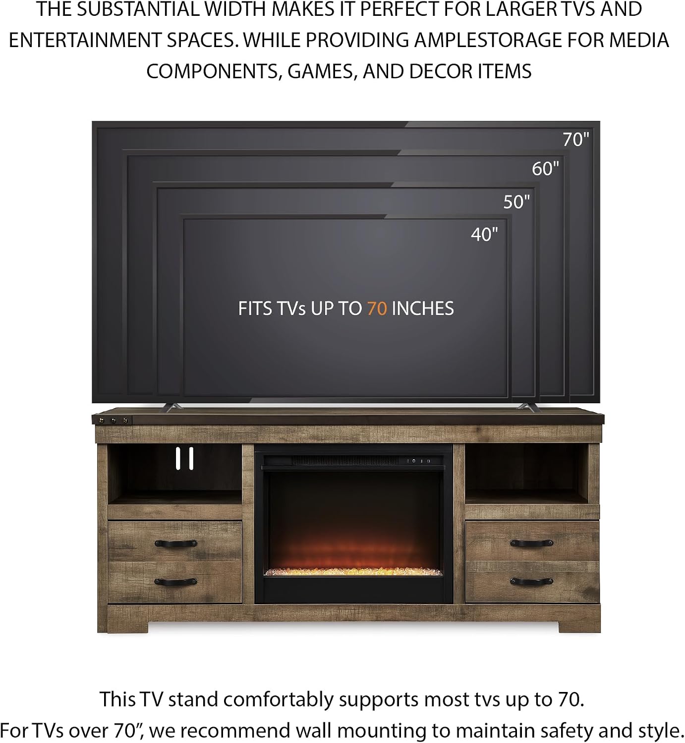 Signature Design by Ashley Trinell 63' TV Stand with Electric Fireplace, Rustic Wood Look Media Console with LED Flame Insert, Storage Drawers and Remote‑Controlled Heat for Warmth