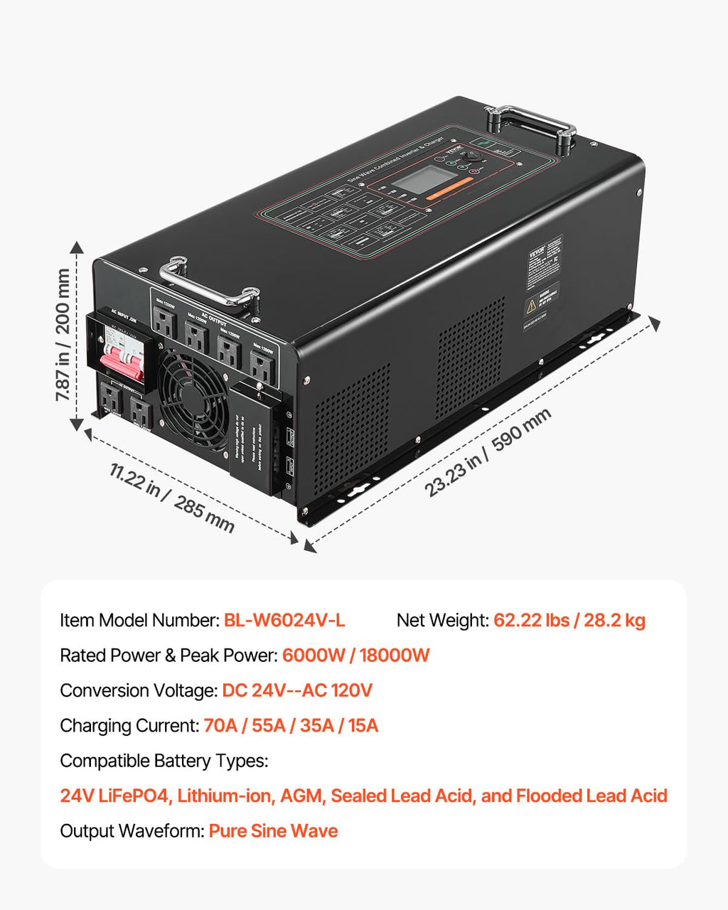 VEVOR Pure Sine Wave Inverter Charger, 6000 Watt, DC 24V to AC 120V, Battery Charger with LCD Display, Remote Control, Solar Inverter for Off-Grid Solar RV Boat Home, Compatible with Various Batteries