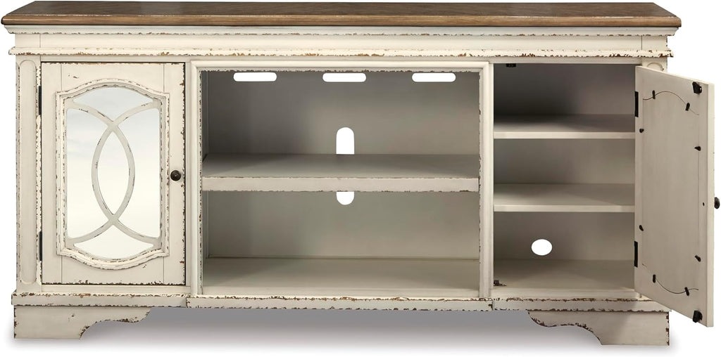Signature Design by Ashley Realyn Farmhouse TV Stand with Fireplace Option Fits TVs up to 72', 2 Cabinet Doors and Adjustable Storage Shelf, White & Rustic Brown