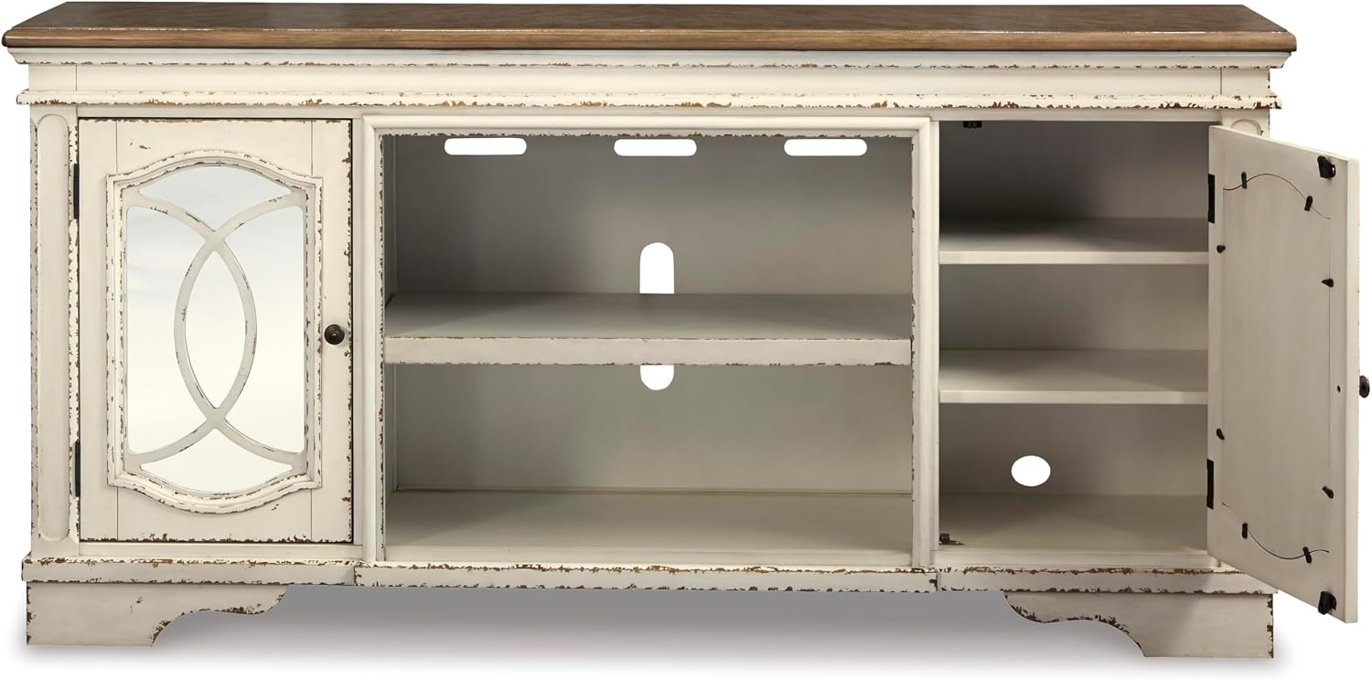 Signature Design by Ashley Realyn Farmhouse TV Stand with Fireplace Option Fits TVs up to 72', 2 Cabinet Doors and Adjustable Storage Shelf, White & Rustic Brown