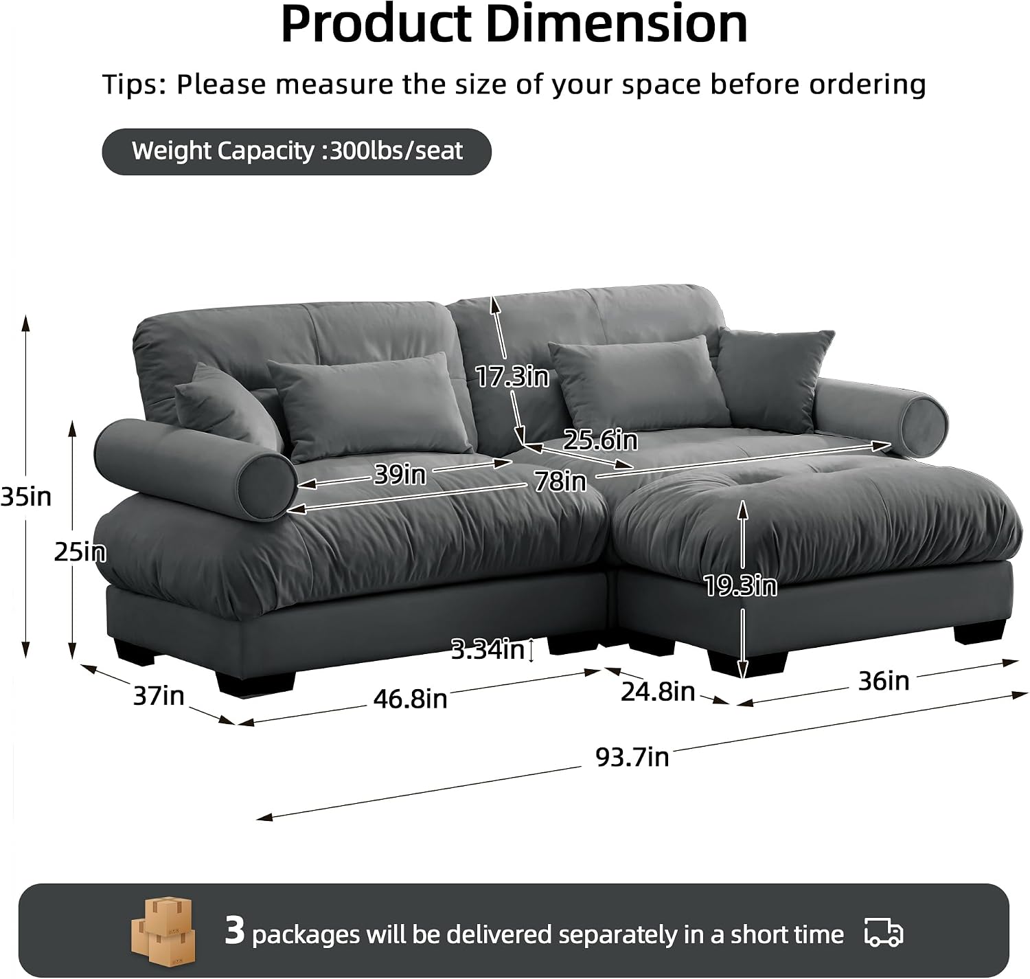 Loveseat Sofa 93.7' Modular Sectional Sofa, 2 Seater Modern Cloud L Shaped Couch, Oversized Sectional Couches for Living Room, Comfy Velvet Sofas Deep Seat Couch with 4 Pillows, Gray