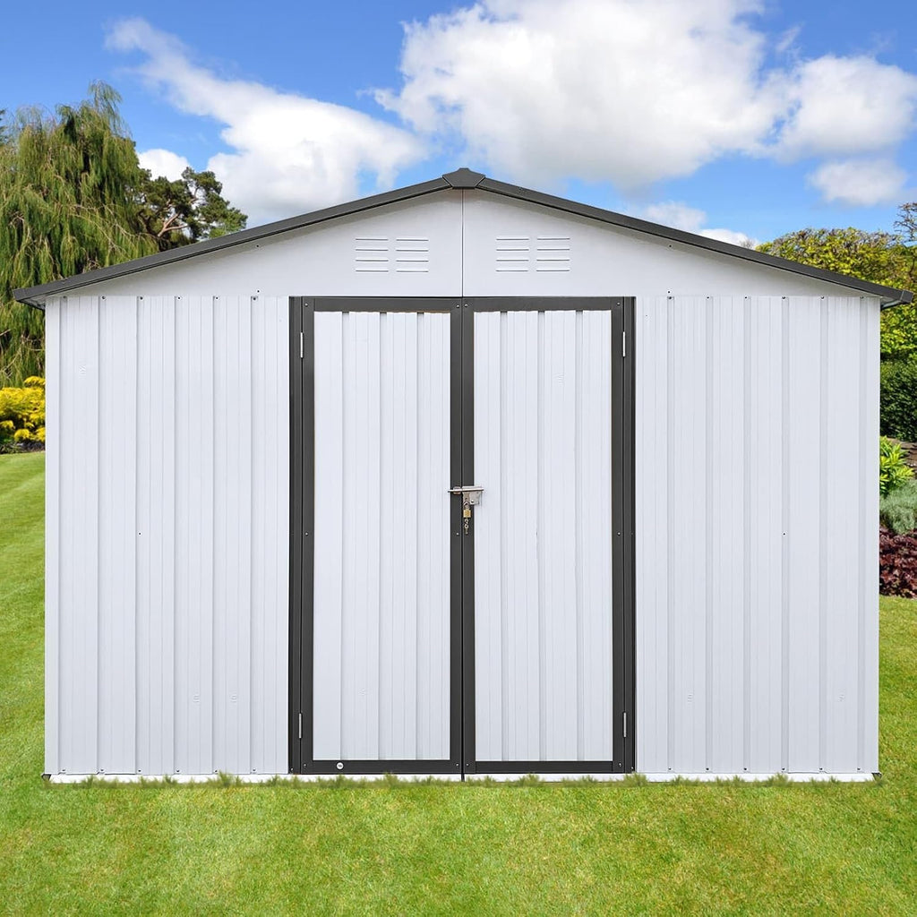 ZeHuoGe 10 X 12 FT Outdoor Storage Shed with Shutter Vent,Large Storage Shed, Heavy Duty Storage House,Garden Tool Shed for Backyard Garden Patio Law (White+Gray)