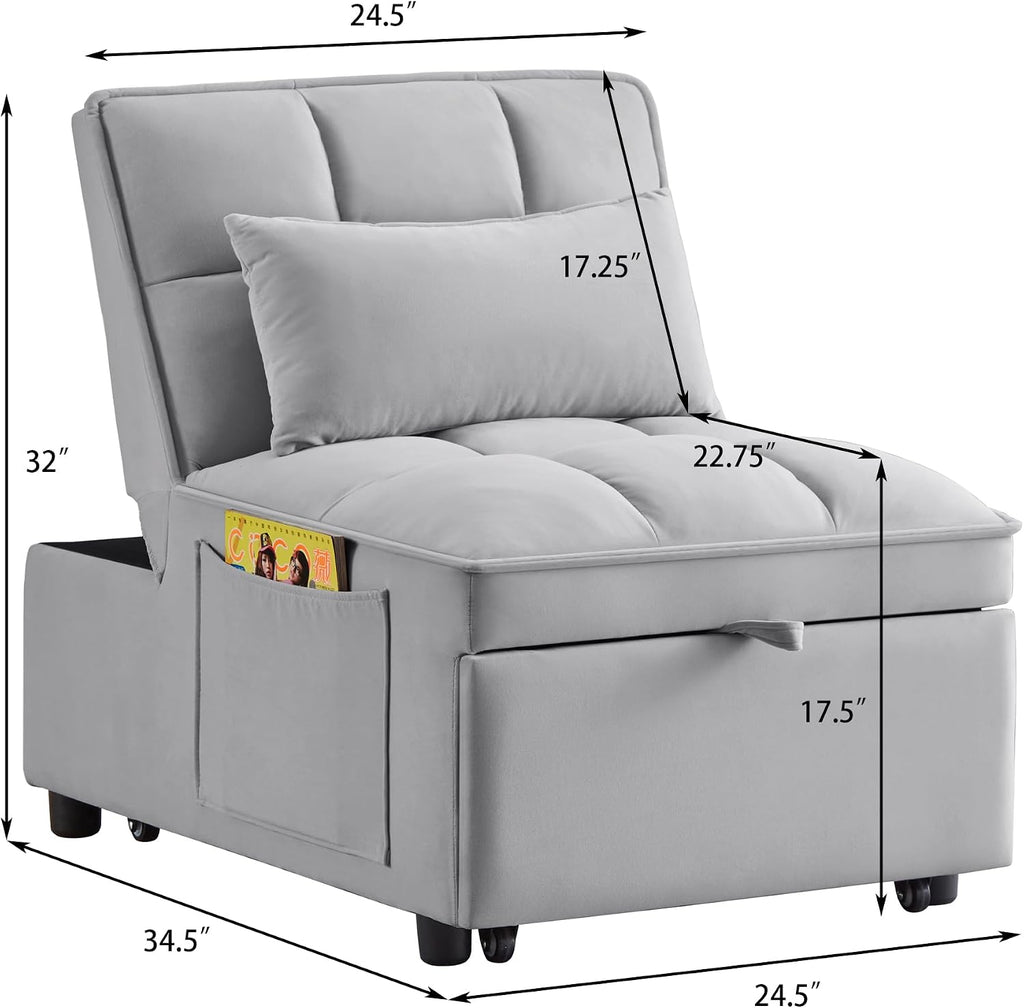 Ball & Cast 4 in 1 Convertible Sleeper Chair, Velvet Single Sofa Bed with Side Pockets,Pull Out Couch with Adjustable Backrest and Pillow, Multi-Function Chaise Lounge for Livingroom,Gray