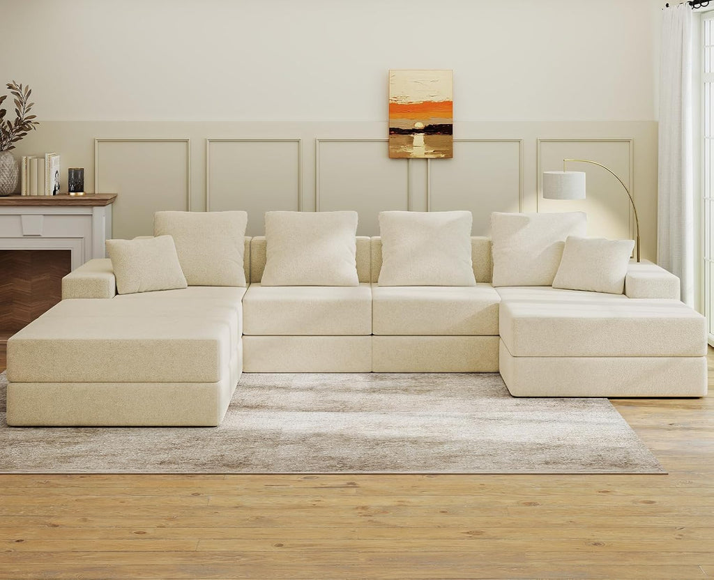 Living&Giving 128' U-Shaped Cloud Sectional Couch for Living Room, Cloud Boneless Couch-No Assembly with Reversible Chaise, Customizable 4-Seat Modular Sectional Sofa with 3 Ottoman, Beige
