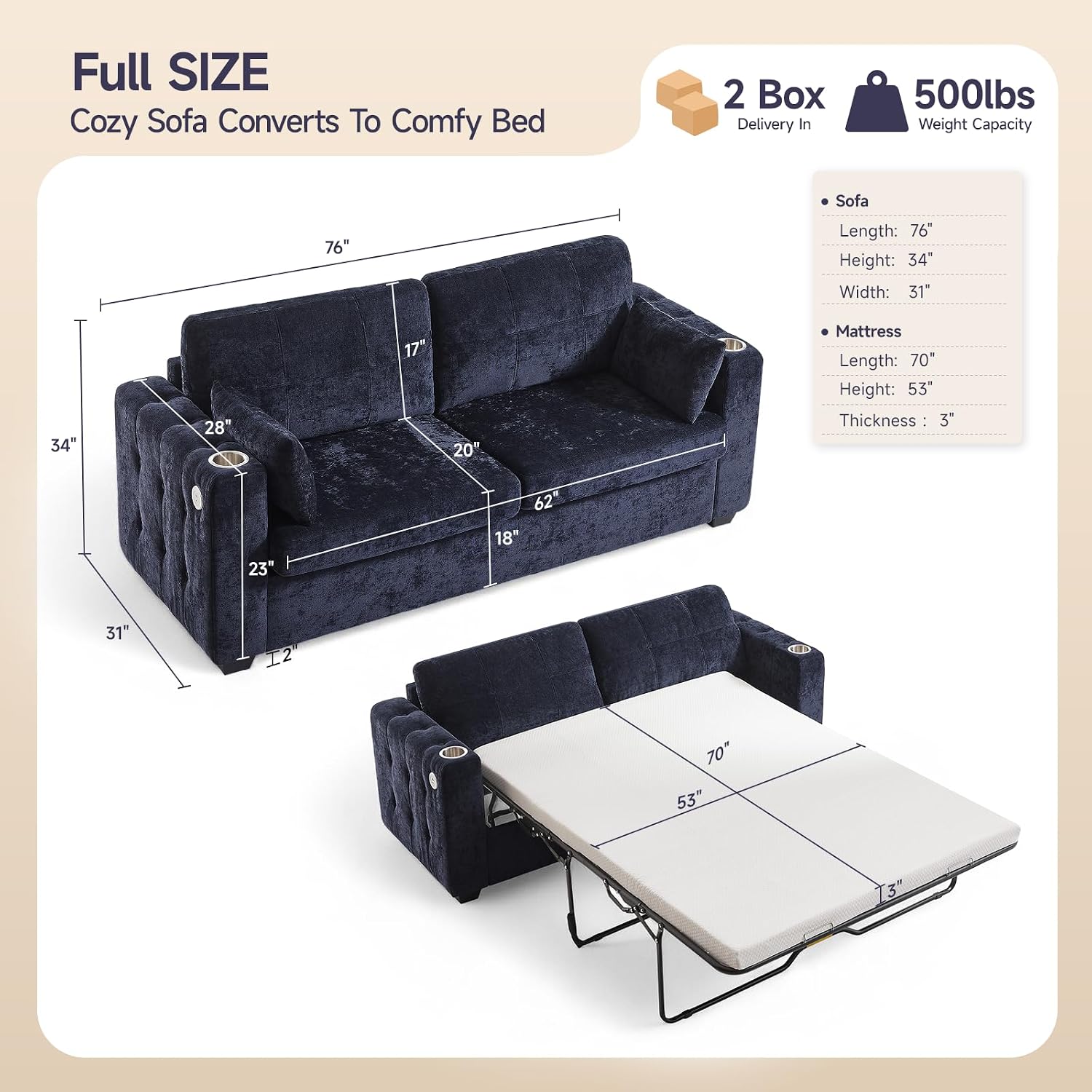 ONBRILL Pull Out Sofa Bed, Chenille Full Size Sleeper Sofa Bed with Cup Holder and USB Port, 76 inch Couch Bed with Memory Foam, Button Tufting Loveseat Couch for Living Room, Blue