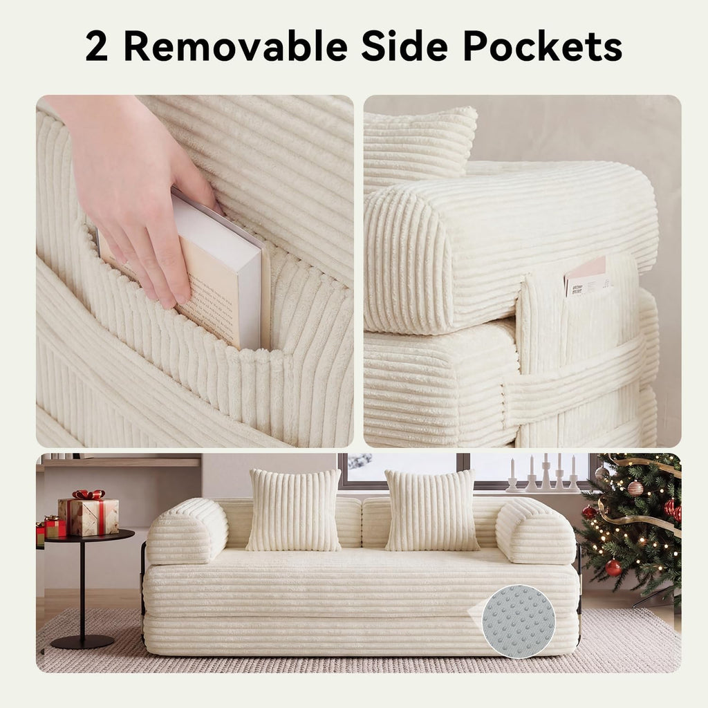 79' Sofa Bed Convertible Boneless Couch Corduroy Modular Couch Bed with Fixed-Shape Frame & Removable Armrests for Living Room, Bedroom (White)