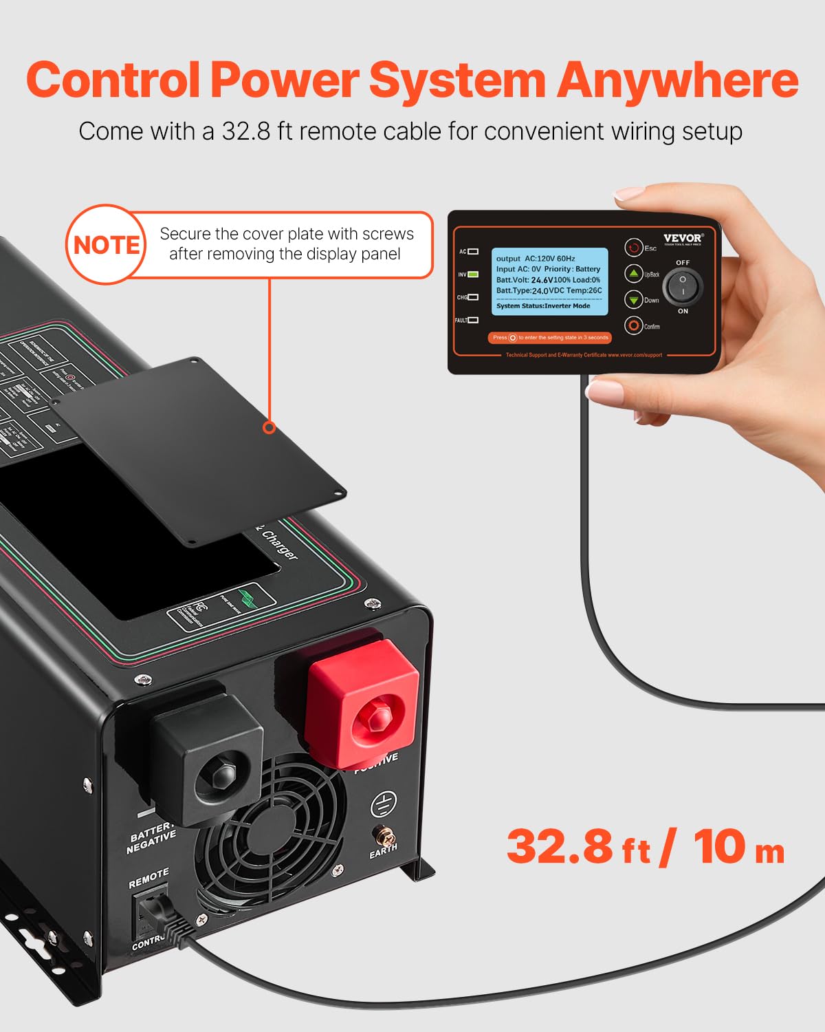 VEVOR Pure Sine Wave Inverter Charger, 3000 Watt, DC 24V to AC 120V Power Inverter with LCD Display, Remote Control, Solar Inverter for Off-Grid Solar RV Boat Home, Compatible with Various Batteries