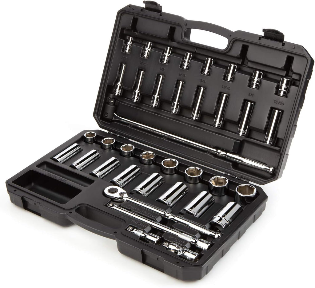 TEKTON 1/2 Inch Drive Shallow and Deep 6-Point Socket and Ratchet Set with Case, 37-Piece (3/8 - 1-5/16 in.) | SKT25101