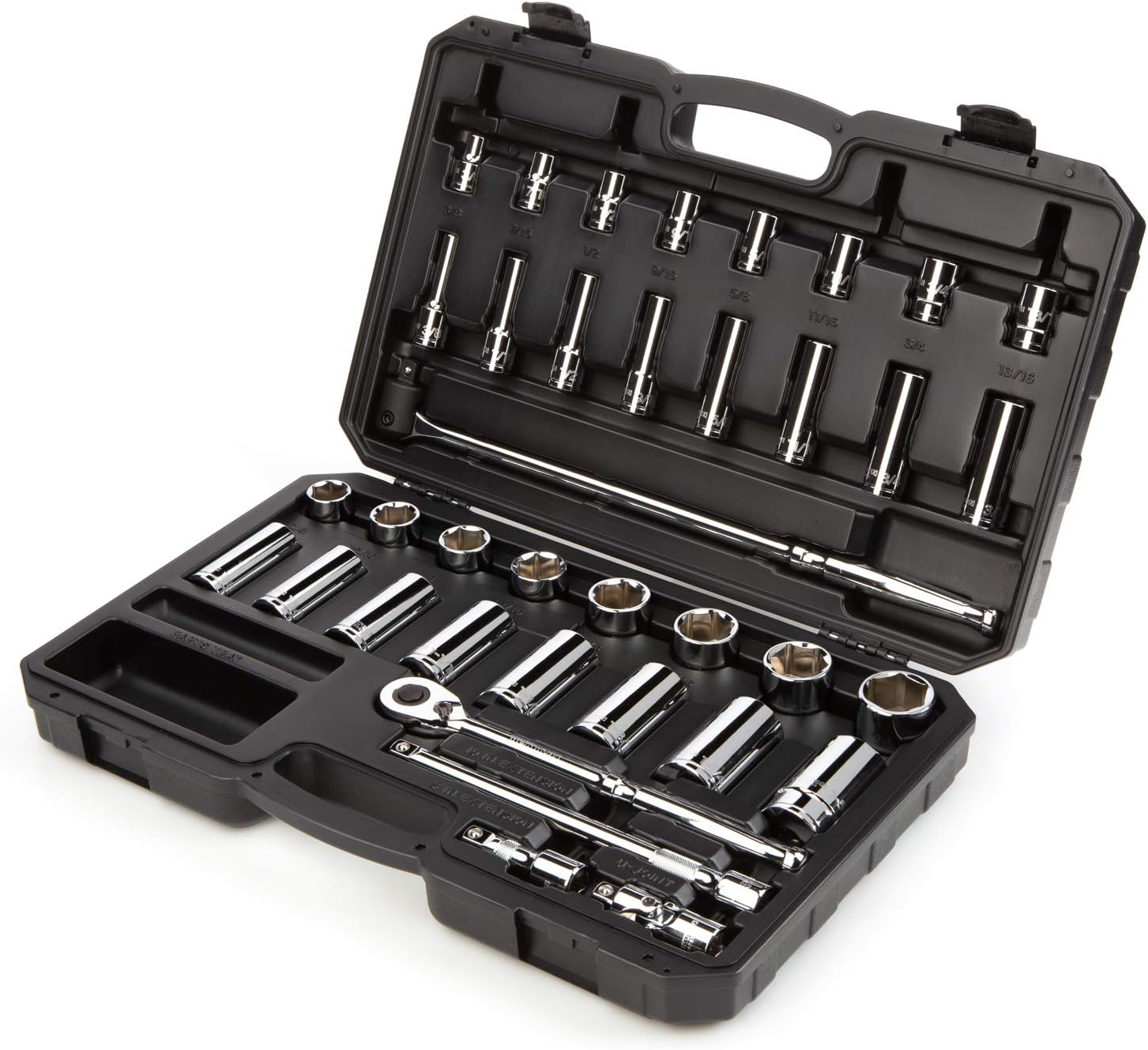 TEKTON 1/2 Inch Drive Shallow and Deep 6-Point Socket and Ratchet Set with Case, 37-Piece (3/8 - 1-5/16 in.) | SKT25101