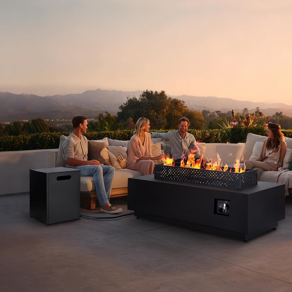 48 Inch Propane Fire Pit Table, 3-in-1 Rectangle Gas Fire Pits, 50,000 BTU Outdoor Fire Pit with Tank Cover, Griddle and Rain Cover, Suitable for Patio, Balcony and Courtyard