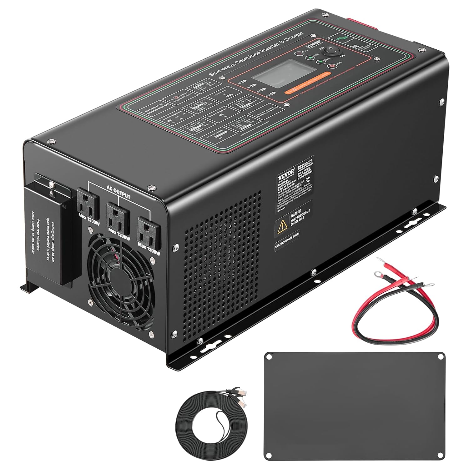 VEVOR Pure Sine Wave Inverter Charger, 2000 Watt, DC 12V to AC 120V, Battery Charger with LCD Display, Remote Control, Solar Inverter for Off-Grid Solar RV Boat Home, Compatible with Various Batteries
