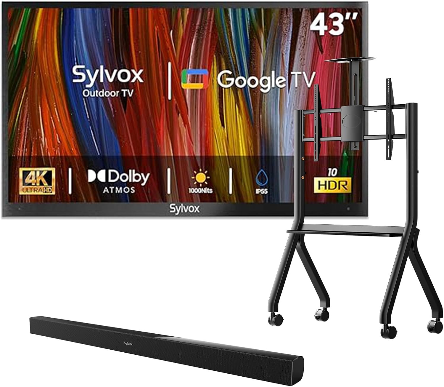 SYLVOX Outdoor TV with Rolling Stand & Soundbar, 43 inch 4K Smart TVs, Weatherproof & IP56 Waterproof, Support Google Assistant, 1000 nit Brightness Partial Sun (Deck Pro 3.0/2026)