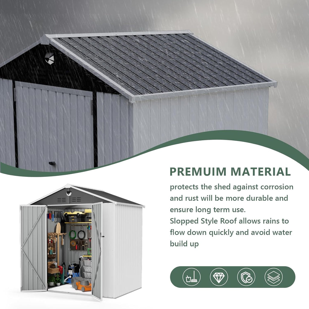 Metal Storage Shed,Outdoor Storage Building 8x6,Large Backyard Shed with Lockable Door,Waterproof Outside Storage Shed，White