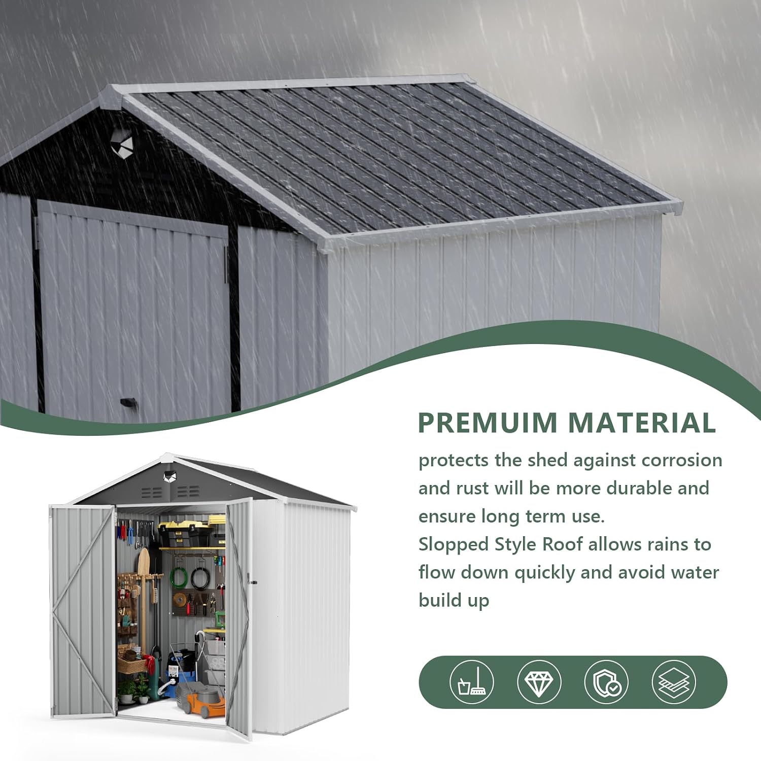 Metal Storage Shed,Outdoor Storage Building 8x6,Large Backyard Shed with Lockable Door,Waterproof Outside Storage Shed，White