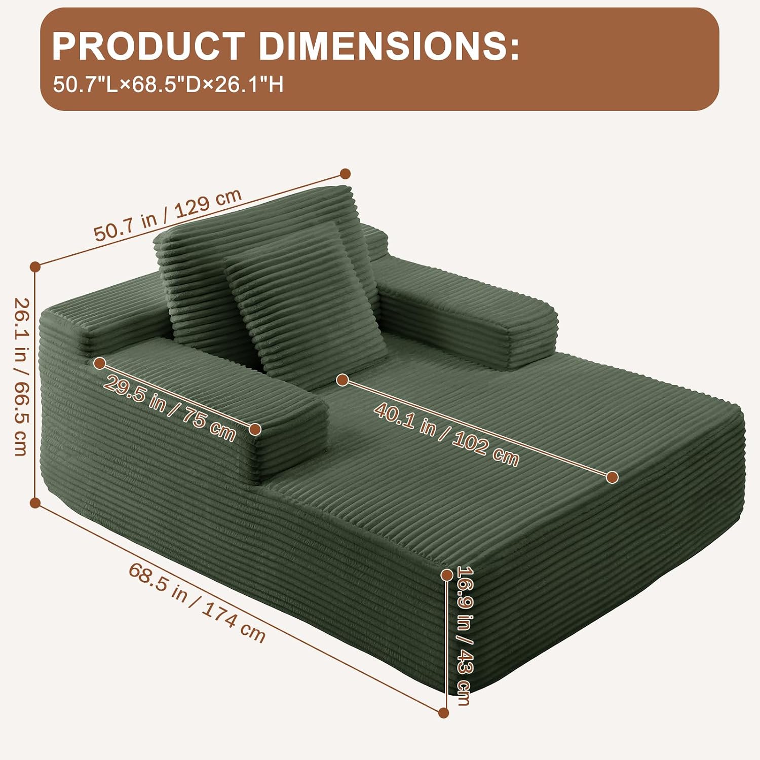 67.5 Inch Oversized Indoor Chaise Lounge, Sofa Bed, Living Room Sofa, Corduroy Sofa, Couches for Living Room, Deep Seat Sleeper Couch Reading Chairs (Green)