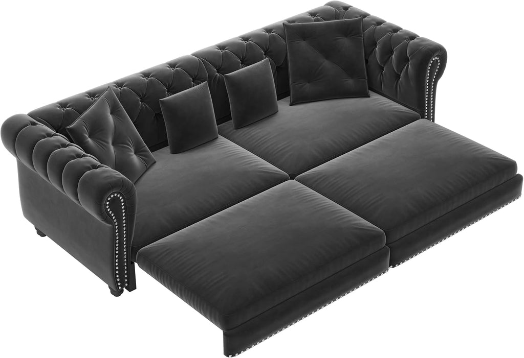 Ball & Cast 3-in-1 Convertible Sofa Bed with Movable Ottoman, 89' Pull Out Couch Bed King Size, Velvet 3 Seater Sleeper Sofa with Nailhead Trim & Rolled Arm,Sofa Couches for Living Room,Blue
