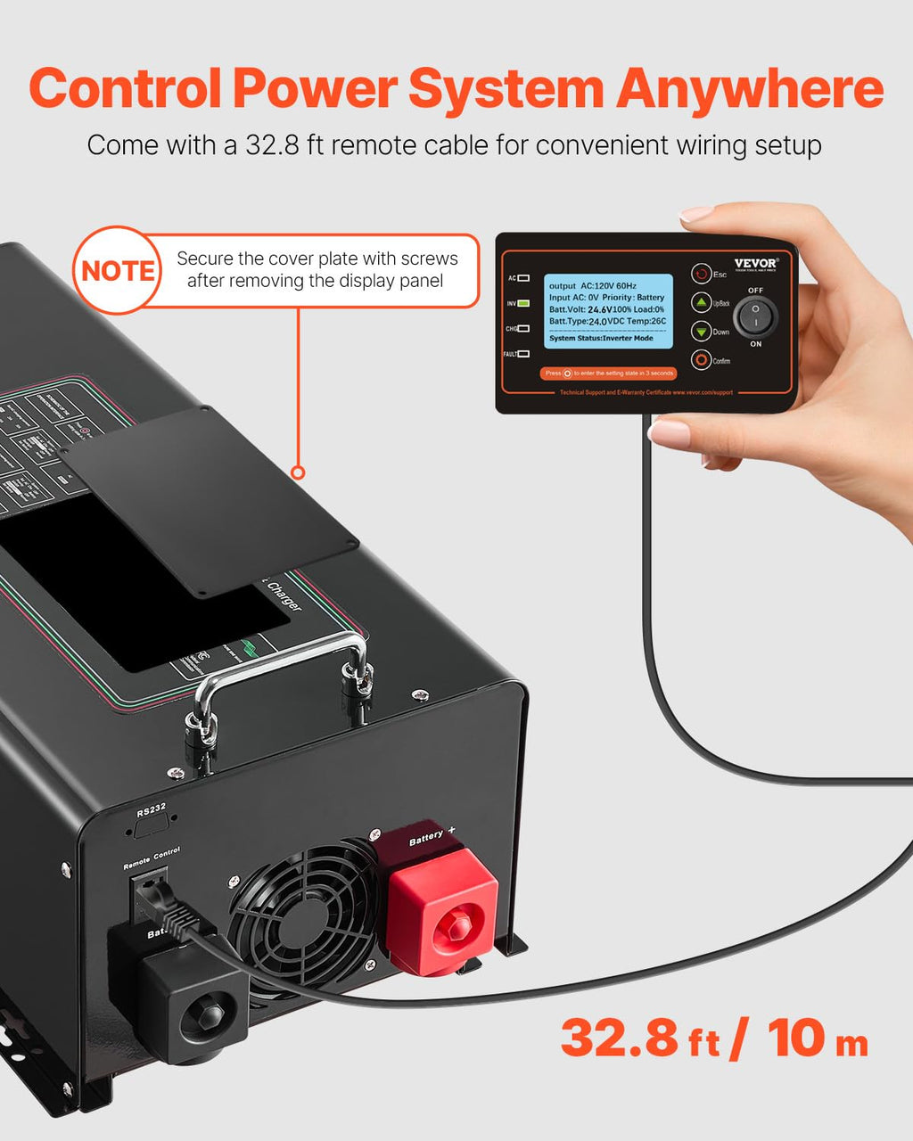 VEVOR Pure Sine Wave Inverter Charger, 4000 Watt, DC 24V to AC 120V, Battery Charger with LCD Display, Remote Control, Solar Inverter for Off-Grid Solar RV Boat Home, Compatible with Various Batteries