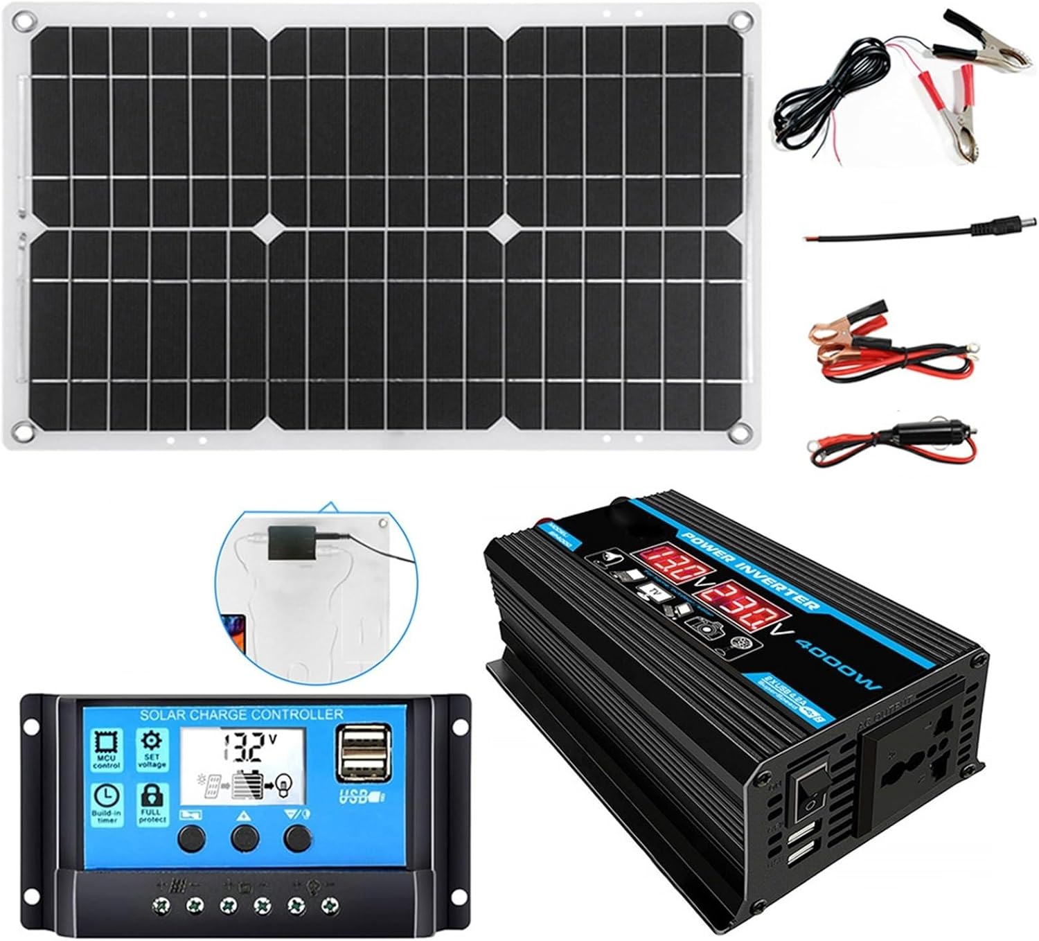4000W 12V to 110V/220V Inverter Controller Solar Panel Kit 30A Controller + 18w12v Solar Panel Solar System Combo Solar Generator Home Grid System(Black,12V-110V)