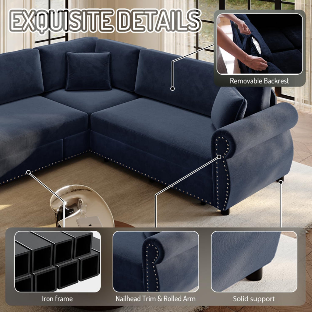 88.2' Sectional Sleeper Sofa with Pull Out Bed - Oversize L-Shaped Convertible Sleeper Couch Bed, Button Tufted Chesterfield Sofa, Chenille Vintage Couches for Living Room/Apartment(4-Seater, Blue)