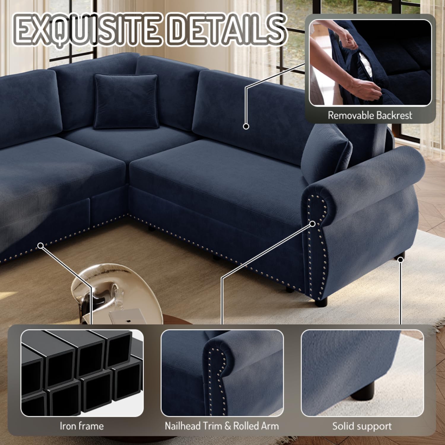 88.2' Sectional Sleeper Sofa with Pull Out Bed - Oversize L-Shaped Convertible Sleeper Couch Bed, Button Tufted Chesterfield Sofa, Chenille Vintage Couches for Living Room/Apartment(4-Seater, Blue)